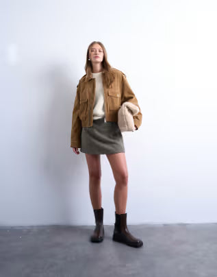 Topshop cropped faux suede bomber jacket with popper details in camel
