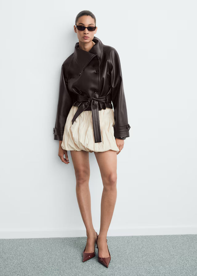 Maxi-jacket with leather-effect lapels