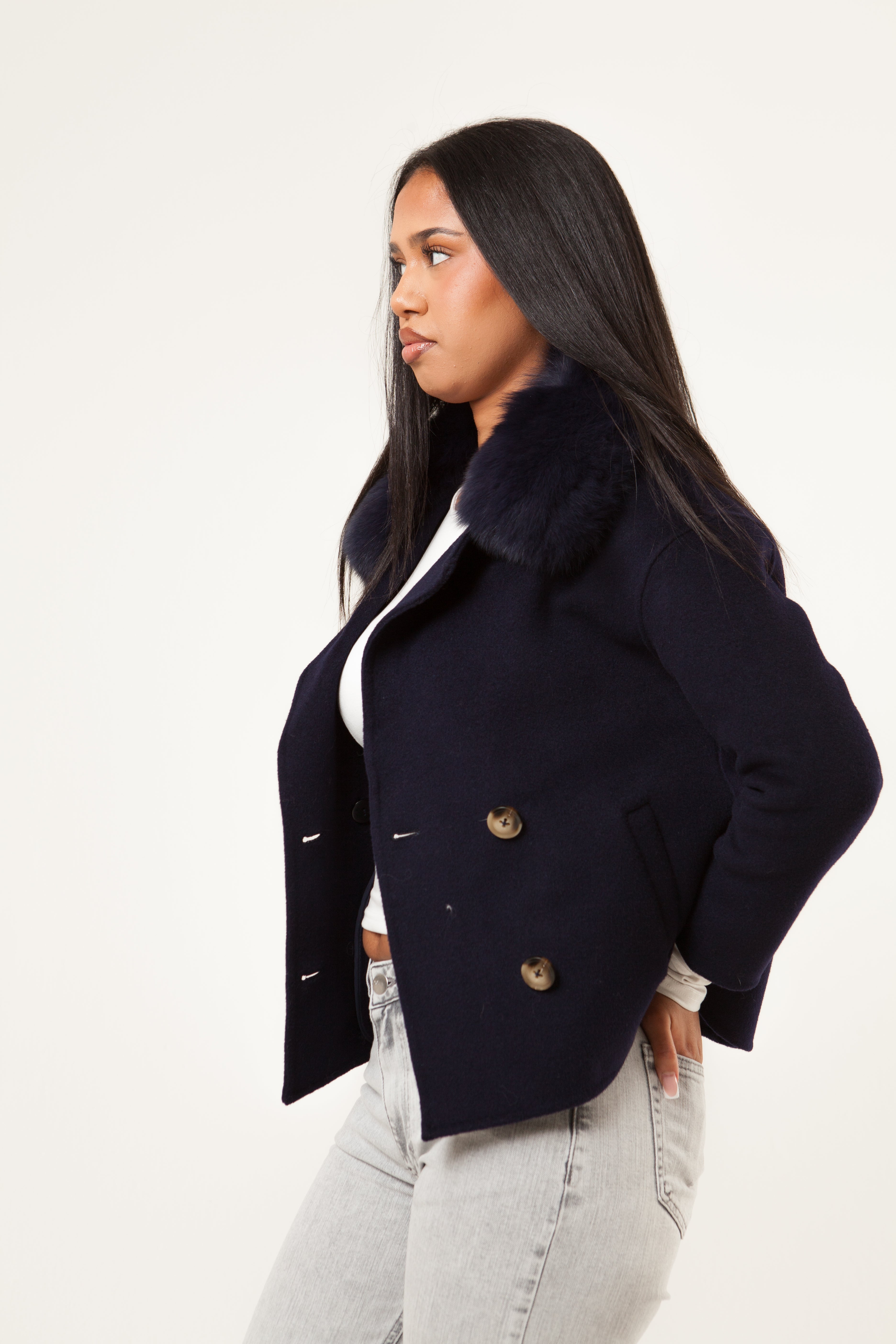 Double Button Cashmere Coat - Navy