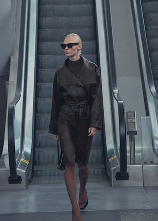 Maxi-jacket with leather-effect lapels