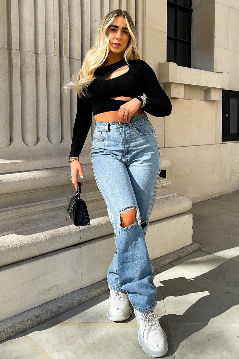 Mid Wash Denim Distressed Knee Jeans