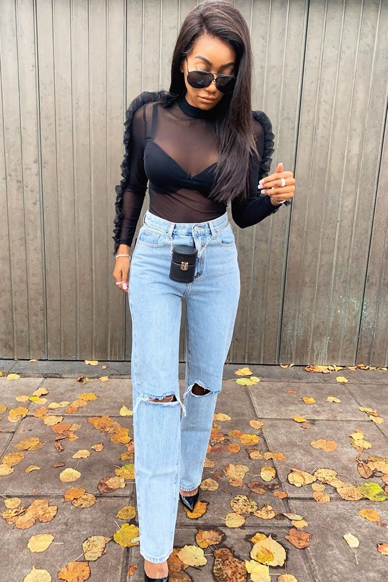 Mid Wash Denim Distressed Knee Jeans